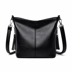 Damen Casual Große Kapazität PU Leder Eimer Tasche Vintage Einfarbig Quaste Schulter Umhängetasche Tägliche Handtasche