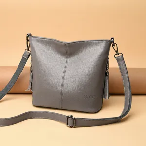 Graue Quaste Leder Umhängetasche Damen lässige Schulter Eimer Tasche Vintage Handtasche