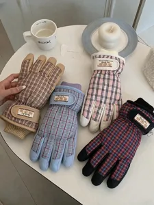 Gants de ski impermeables a carreaux retro hiver, polaire chaude epaisie sport exterieur cyclisme.