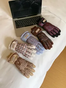 Gros plan détaillé de gants de ski à carreaux imperméables d'hiver avec doublure polaire chaude.