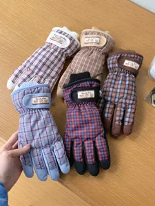 Vue détaillée de gants de ski à carreaux imperméables d'hiver avec doublure chaude et sangle.