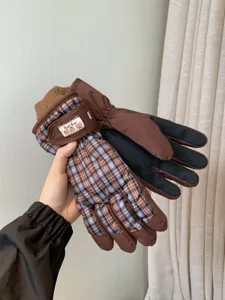 Vue détaillée des gants de ski étanches à carreaux rétro avec doublure polaire chaude.