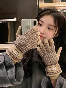 Gants de ski imperméables à carreaux rétro pour femme, hiver chaud pelucheux cyclisme extérieur.