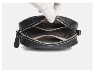 Genuine leather crossbody bag for women, black square purse with interior zipper pocket and slots.