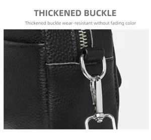 Close-up detail of genuine leather black shoulder bag showing metal zipper and durable hardware buckle.