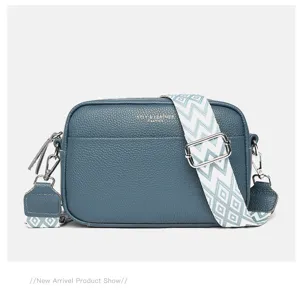 Genuine leather crossbody bag for women, stylish camera shoulder bag with wide woven strap.