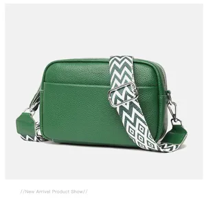 Green genuine leather crossbody bag for women, stylish small square shoulder bag with strap.