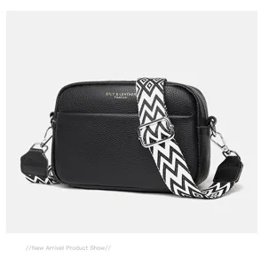 Genuine leather crossbody bag for women, black square camera bag with wide strap.
