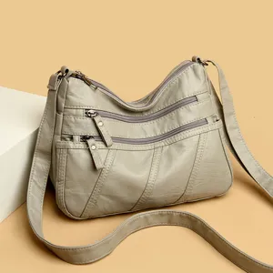 Dames zachte lederen crossbody tas multi rits casual schoudertas stijlvolle dagelijkse tas