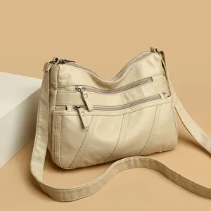 Dames Zacht Lederen Schoudertas Multi-Rits Casual Handtas Stijlvolle Alledaagse Tas Mooie