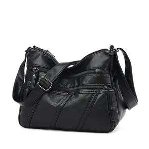 Dames zwarte zachte lederen crossbody tas met meerdere ritsvakken casual schoudertas.