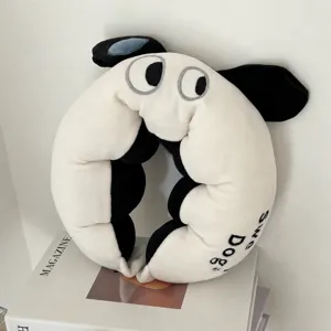 Cartoon Dog Hooded U-Shaped Neck Pillow With Memory Foam Filling Soft Plush Travel Pillow For Airplane Office Home Neck