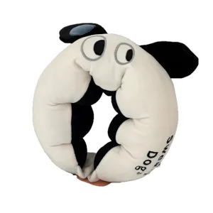 Cartoon plush U-shaped neck pillow with cute big eyes and black ears, comfortable travel nap support.
