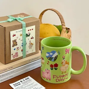Tasse à café en céramique graffiti mignonne style coréen avec boîte cadeau, grande tasse.
