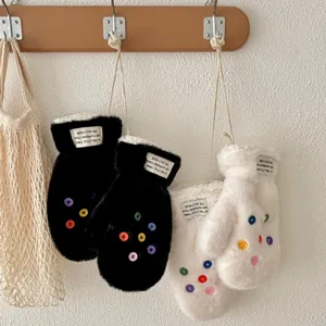 Flauschige Winter Plüsch Knopffäustlinge für Damen, dicke warme Kuschelhandschuhe bunt.