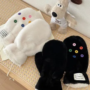 Flauschige Winter warme Plüsch Fäustlinge mit bunten Knöpfen dicke thermische Handschuhe