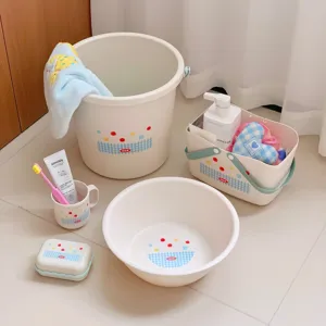 Student Dormitory Washing Set Plastic Water Bucket Basin Shower Basket Soap Box Cup Cleaning Brush Mist Blue Grid Pattern Wash Kit