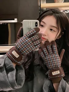 Gants de ski imperméables à carreaux rétro hiver chaud peluche épais sports plein air