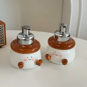 Cute ceramic soap dispenser bottle with cute face and pump head for bathroom use 300ml