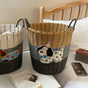 Large Capacity Cute Dog Woven Laundry Basket Imitation Rattan Clothes Storage Bin For Bathroom Bedroom Kids Toy Organizer