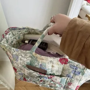 Portable Quilted Floral Fabric Storage Basket Desktop Organizer Cosmetic Tote Bag