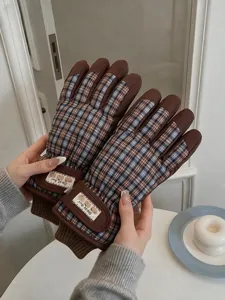 Gants de ski imperméables à carreaux rétro hiver chaud polaire sport extérieur cyclisme