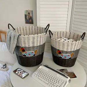 Woven laundry basket with cute dog embroidery, large capacity storage hamper for home.