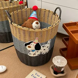 Large capacity woven laundry basket with cute dog patch, imitation rattan hamper for home.