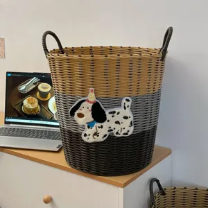 Large capacity imitation rattan laundry basket with cute dog embroidery storage hamper.