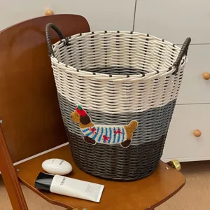 Large woven laundry basket with cute dog patch, dual-tone storage hamper for home use.