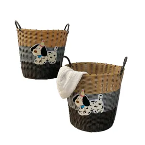 Large capacity cute dog woven laundry basket for bathroom toy storage and home organization