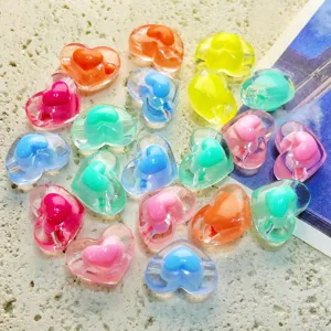 Acrylic transparent heart-in-heart beads, drilled DIY jewelry making accessories for bracelets.