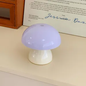 Close-up detail shot of the cute purple mushroom night light with touch switch for desk decor.