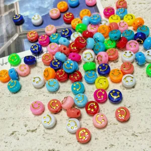 Detailed close-up of colorful acrylic smile face flat round beads for DIY jewelry making