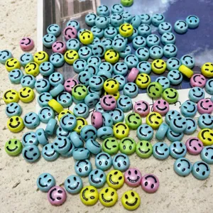 Colorful Smiling Face Acrylic Beads Loose Flat Round Beads For DIY Jewelry Making Phone Chain Beaded Accessories