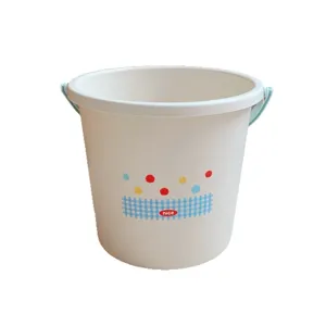 Plastic student dorm water bucket with blue handle and cute dot pattern for daily washing.