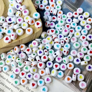 Acrylic heart beads for DIY jewelry making, flat round colorful printed spacer beads for bracelet.