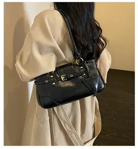 Korean style retro black leather underarm bag for women, chic trendy baguette shoulder handbag.