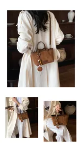 Retro suede crossbody bucket bag for women, stylish small shoulder bag with beaded charm.