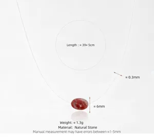Detail view showing natural red stone pendant, invisible fishing line and size measurements.