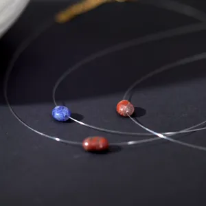Invisible nylon fishing line floating natural gemstone oval pendant choker necklace