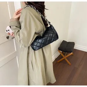 Elegante schwarze gesteppte Umhängetasche mit Kette, schicke PU-Leder Schultertasche Damen.