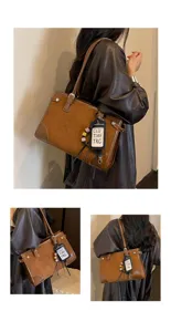 Vintage brown women shoulder tote bag retro commute large capacity handbag with charm