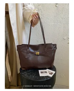 Minimalist dark brown shoulder tote bag, retro chic PU leather handbag for women daily commute.