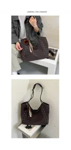 Práctico bolso tote suave informal con tachuelas turquesas y colgante, gran bolso de hombro.