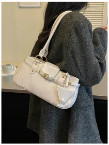 Korean style retro white shoulder bag for women, chic PU leather baguette handbag underarm.
