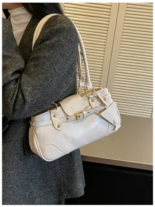 Chic vintage baguette shoulder bag for women, trendy Y2K style PU leather underarm handbag.