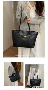 Minimalist black tote bag with shoulder straps, retro design commute bag for women.