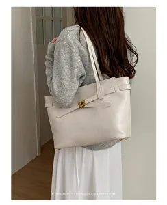 Minimalist retro beige tote bag for women, large capacity shoulder commuting bag with metal lock.