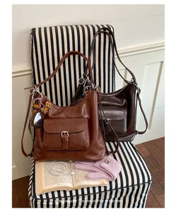 Retro Freizeit Damen Shopper Bag multifunktionale Umhaengetasche Rucksack Braun Leder